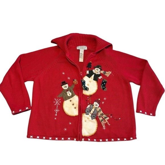 Vintage Tiara International Cardigan Snowmen Front & Back Zip Up Red Size L - Picture 2 of 11